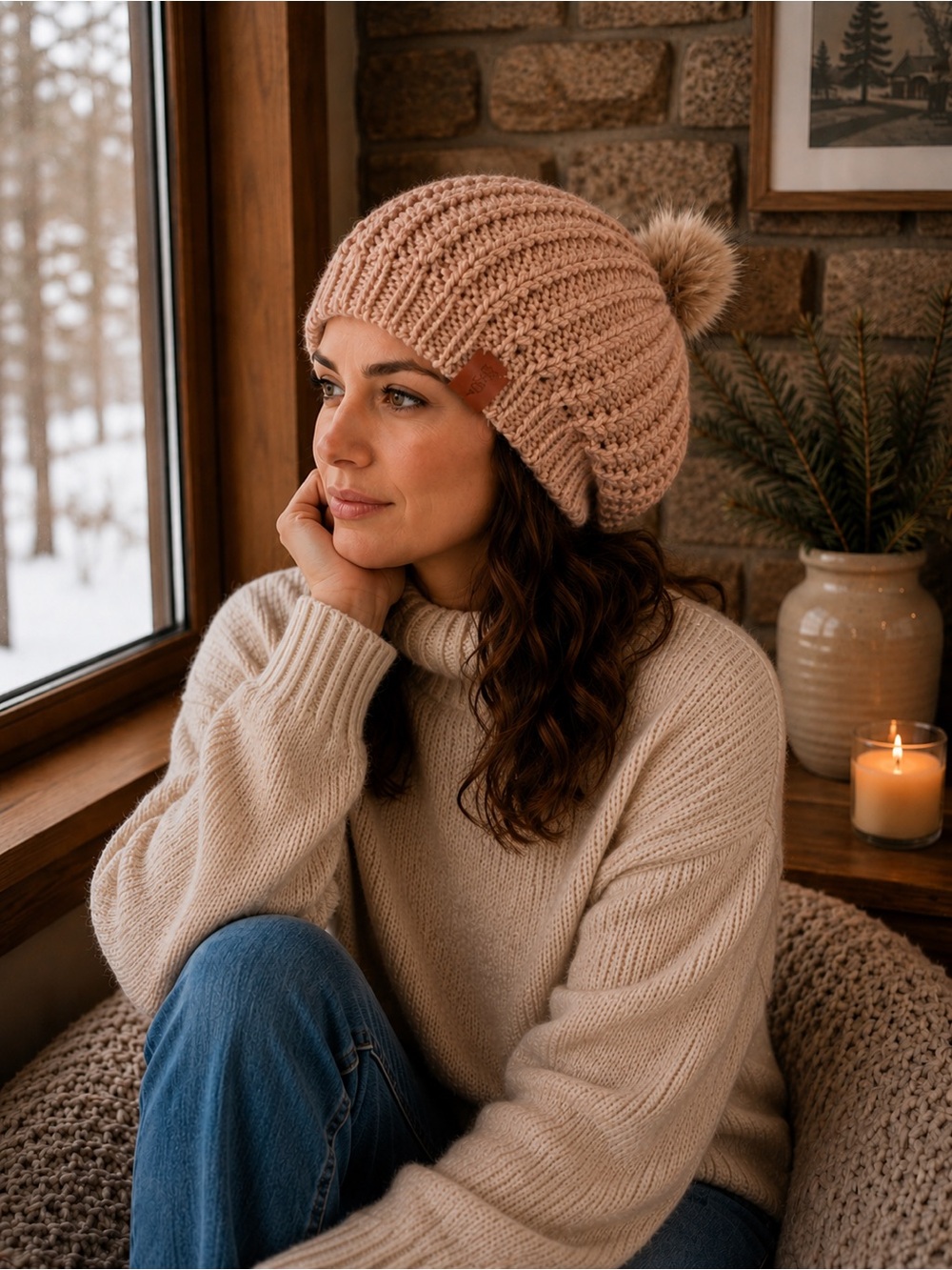Cozy Ribbed Pom Beanie in coffee color